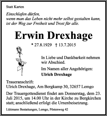 Anzeige  Erwin Drexhage  Lippische Landes-Zeitung