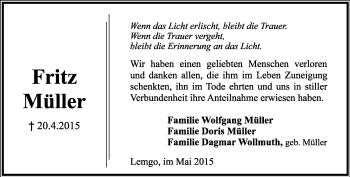 Anzeige  Fritz Müller  Lippische Landes-Zeitung