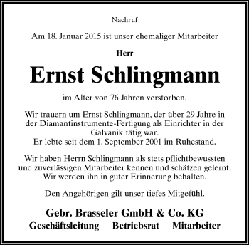Anzeige  Ernst Schlingmann  Lippische Landes-Zeitung