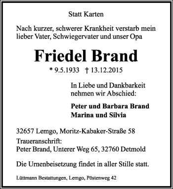 Anzeige  Friedel Brand  Lippische Landes-Zeitung