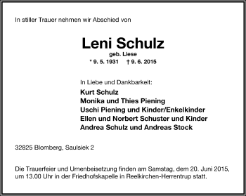 Anzeige  Leni Schulz  Lippische Landes-Zeitung