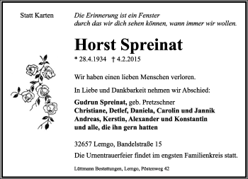 Anzeige  Horst Spreinat  Lippische Landes-Zeitung