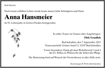 Anzeige  Anna Hansmeier  Lippische Landes-Zeitung