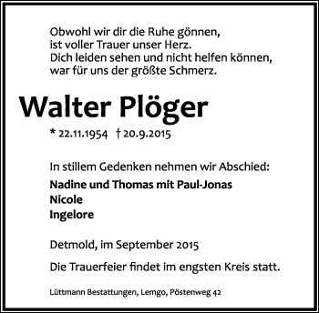 Anzeige  Walter Plöger  Lippische Landes-Zeitung