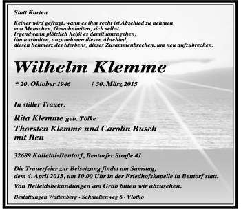 Anzeige  Wilhelm Klemme  Lippische Landes-Zeitung