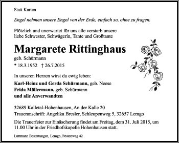 Anzeige  Margarete Rittinghaus  Lippische Landes-Zeitung