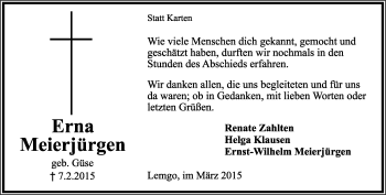 Anzeige  Erna Meierjürgen  Lippische Landes-Zeitung