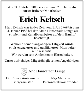 Anzeige  Erich Keitsch  Lippische Landes-Zeitung