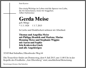 Anzeige  Gerda Meise  Lippische Landes-Zeitung