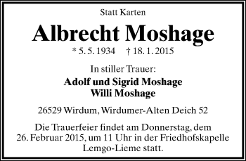 Anzeige  Albrecht Moshage  Lippische Landes-Zeitung