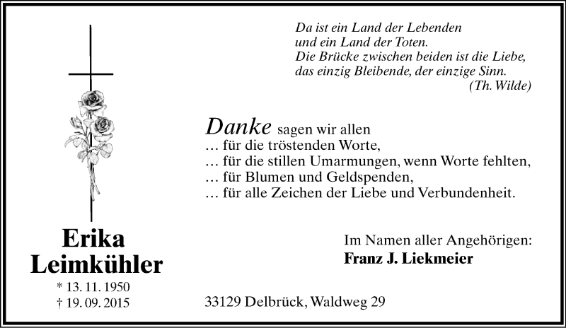  Traueranzeige für Erika Leimkühler vom 31.10.2015 aus Lippische Landes-Zeitung