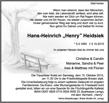 Anzeige  Hans-Heinrich Heidsiek  Lippische Landes-Zeitung