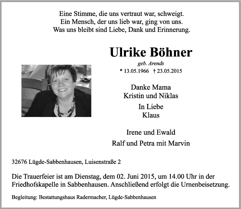  Traueranzeige für Ulrike Böhner vom 30.05.2015 aus Lippische Landes-Zeitung