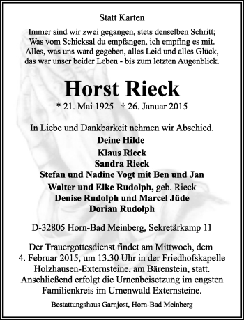 Anzeige  Horst Rieck  Lippische Landes-Zeitung