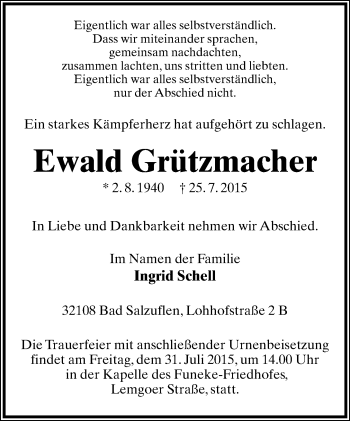 Anzeige  Ewald Grützmacher  Lippische Landes-Zeitung