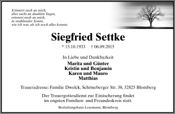 Anzeige  Siegfried Settke  Lippische Landes-Zeitung