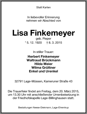 Anzeige  Lisa Finkemeyer  Lippische Landes-Zeitung