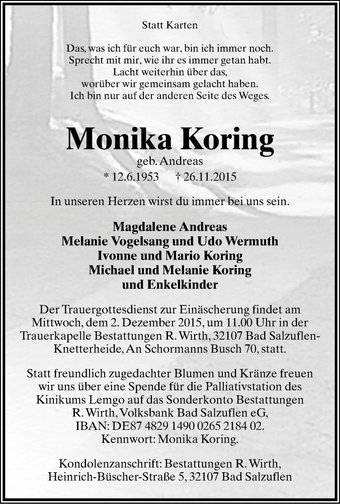  Traueranzeige für Monika Koring vom 28.11.2015 aus Lippische Landes-Zeitung