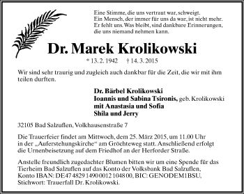 Anzeige  Marek Krolikowski  Lippische Landes-Zeitung