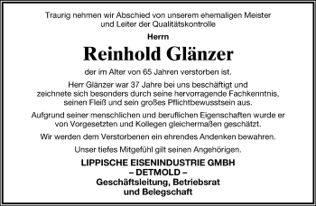 Anzeige  Reinhold Glänzer  Lippische Landes-Zeitung