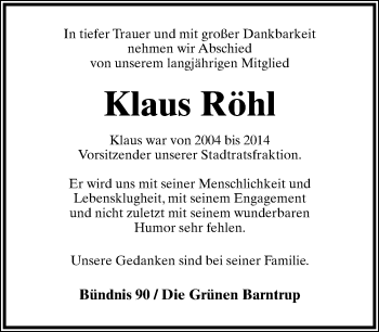 Anzeige  Klaus Röhl  Lippische Landes-Zeitung