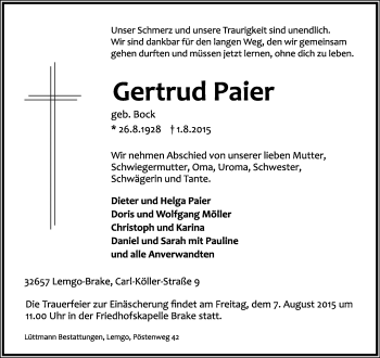 Anzeige  Gertrud Paier  Lippische Landes-Zeitung