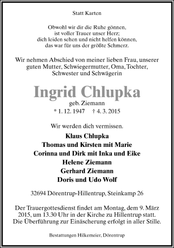 Anzeige  Ingrid Chlupka  Lippische Landes-Zeitung