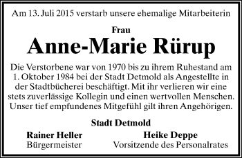 Anzeige  Anne-Marie Rürup  Lippische Landes-Zeitung