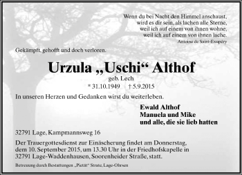 Anzeige  Urzula Althof  Lippische Landes-Zeitung