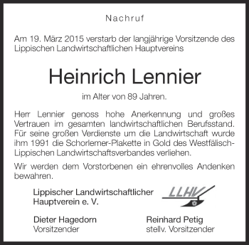 Anzeige  Heinrich Lennier  Lippische Landes-Zeitung