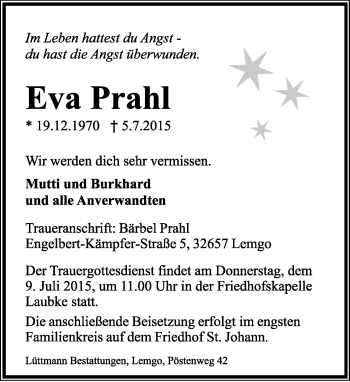 Anzeige  Eva Prahl  Lippische Landes-Zeitung