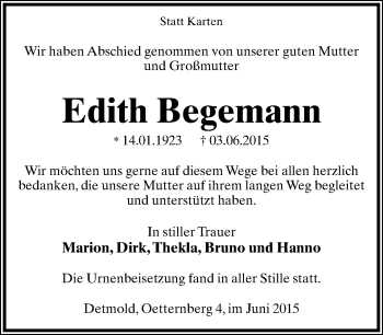 Anzeige  Edith Begemann  Lippische Landes-Zeitung