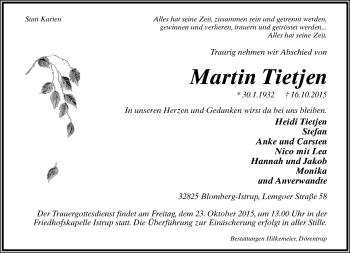 Anzeige  Martin Tietjen  Lippische Landes-Zeitung