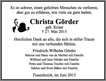 Anzeige  Christa Görder  Lippische Landes-Zeitung