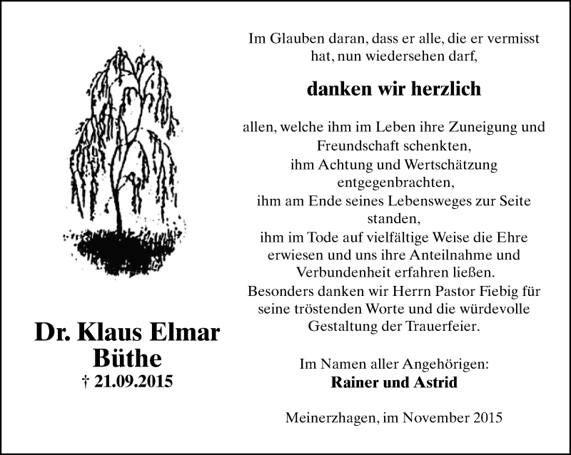  Traueranzeige für Klaus Elmar Büthe vom 07.11.2015 aus Lippische Landes-Zeitung