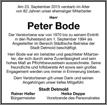 Anzeige  Peter Bode  Lippische Landes-Zeitung