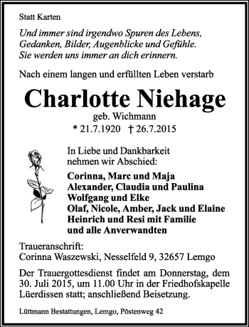 Anzeige  Charlotte Niehage  Lippische Landes-Zeitung