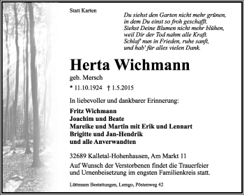 Anzeige  Herta Wichmann  Lippische Landes-Zeitung