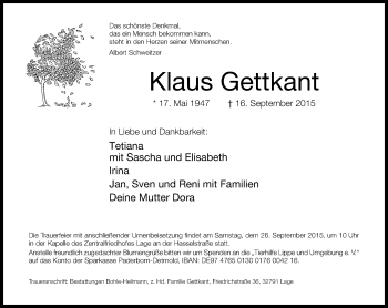 Anzeige  Klaus Gettkant  Lippische Landes-Zeitung
