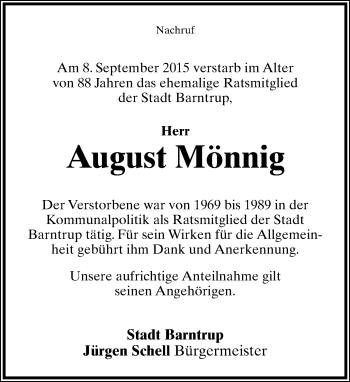 Anzeige  August Mönnig  Lippische Landes-Zeitung