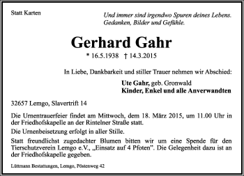 Anzeige  Gerhard Gahr  Lippische Landes-Zeitung