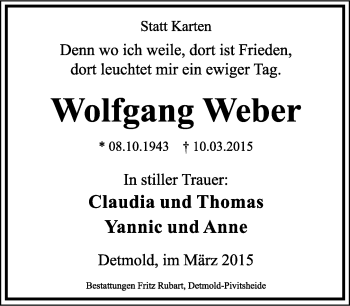 Anzeige  Wolfgang Weber  Lippische Landes-Zeitung