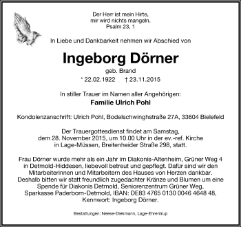 Anzeige  Ingeborg Dörner  Lippische Landes-Zeitung