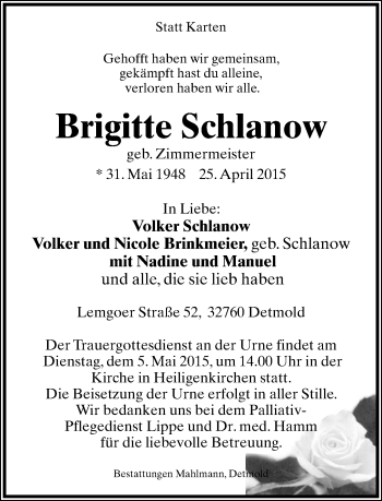 Anzeige  Brigitte Schlanow  Lippische Landes-Zeitung