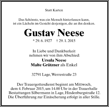 Anzeige  Gustav Neese  Lippische Landes-Zeitung