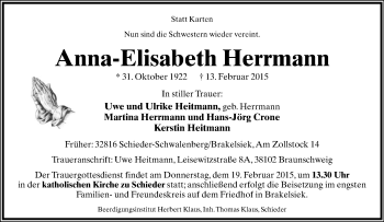 Anzeige  Anna-Elisabeth Herrmann  Lippische Landes-Zeitung