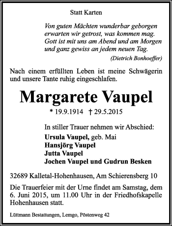 Anzeige  Margarete Vaupel  Lippische Landes-Zeitung