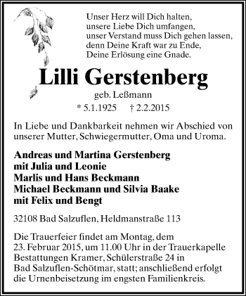 Anzeige  Lilli Gerstenberg  Lippische Landes-Zeitung