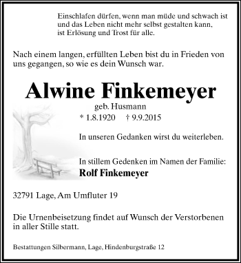 Anzeige  Alwine Finkemeyer  Lippische Landes-Zeitung