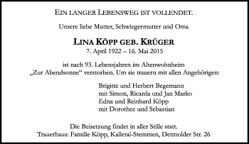 Anzeige  Lina Köpp  Lippische Landes-Zeitung